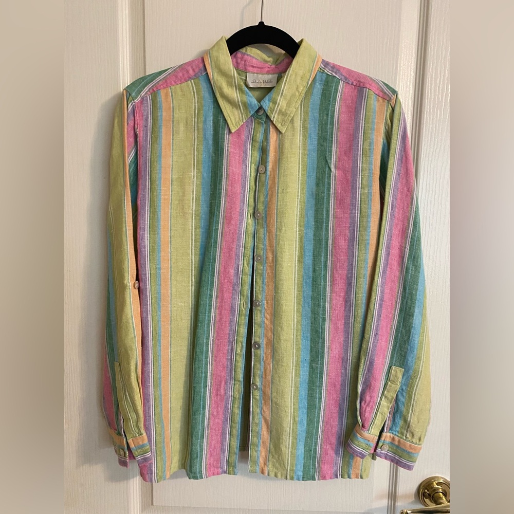 Studio Works Multicolor Striped Button Down WOMEN’s  100% linen blouse.
